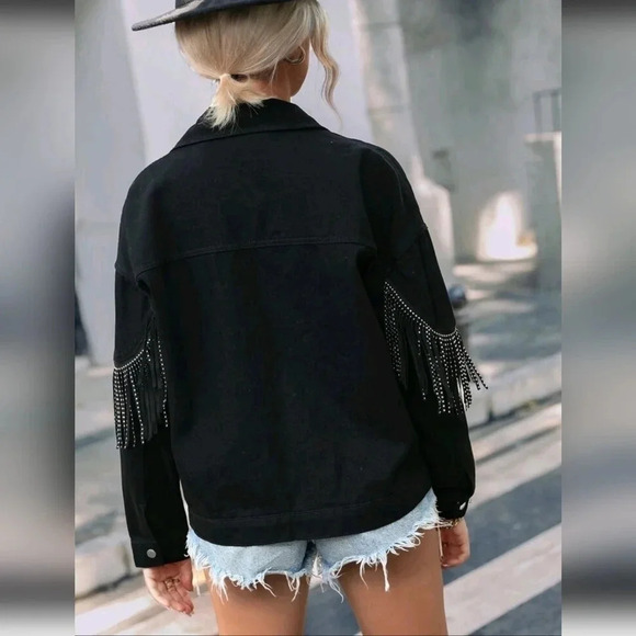 Fringe Trim Drop Shoulder Denim Jacket - Picture 2 of 6
